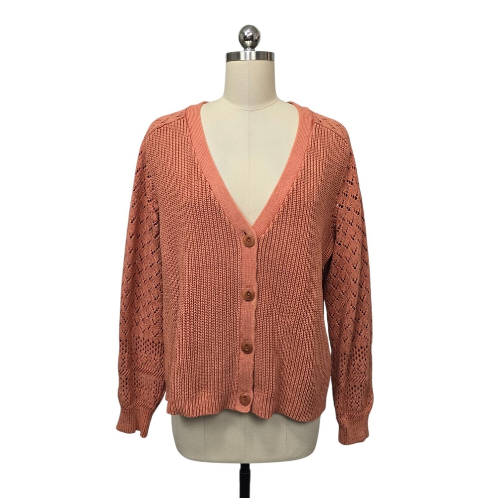 Sundance Open Knit Cardigan Coral Orange V Neck Button‎ Front Women's Size Large